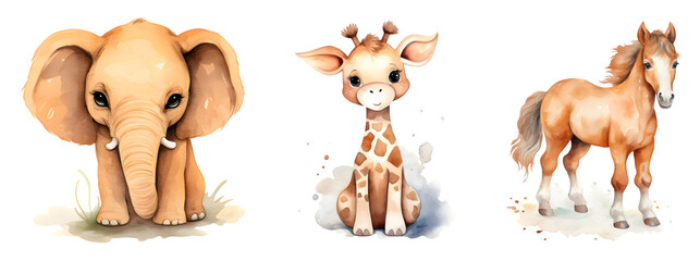 Watercolor Cute Animals, Elephant, Giraffe, Horse