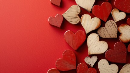  a group of wooden hearts sitting on top of a red table next to a white and brown heart on top of a red wall.