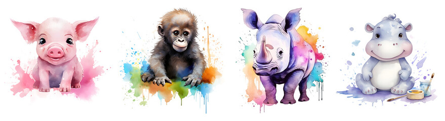 Watercolor Cute Animals, Pig, Monkey, Rhinoceros, Hippopotamus - obrazy, fototapety, plakaty