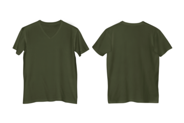 Unisex Plain Military Green V-Neck Short Sleeve T-Shirt with Transparent Background