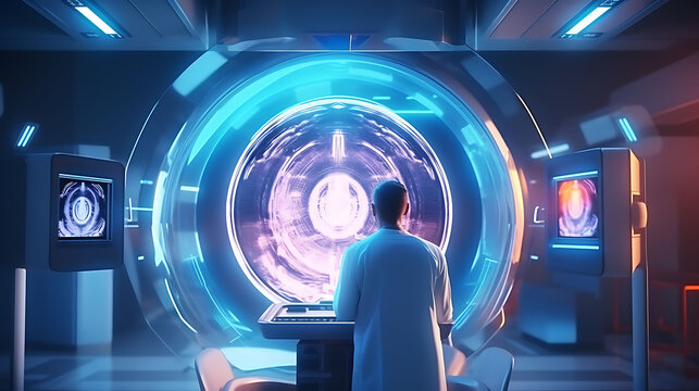 In Medical Laboratory Patient Undergoes MRI or CT Scan Process, in Control Room Doctor Watches Procedure and Monitors with Brain Scans Results. Healthcare Facility with High-Tech,