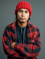 Portrait of a young man wearing a red beanie and a plaid jacket against a gray background.