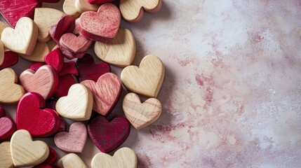  a pile of wooden hearts sitting on top of a white counter top next to a red and pink marble wall.