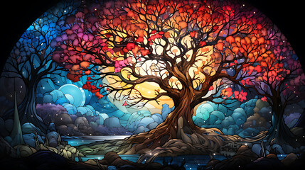 A beautiful tree of life with huge canopy branches in the style of alcohol ink,Fractal art - obrazy, fototapety, plakaty
