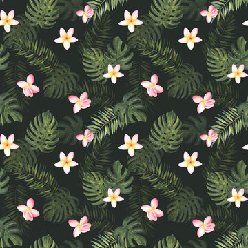 Tropical watercolor seamless background on dark green . Jungle pattern with exotic flowers, monstera and palm leaves. Stock Jungle vintage wallpaper, fabric, textile.