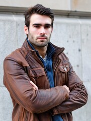 Fototapeta premium Confident Young Man Posing in Brown Leather Jacket with Arms Crossed Against Urban Background.