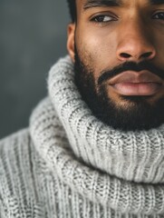 An extreme close up of an bearded African American male in a thick roll neck beige sweater. He has a serious expression. 