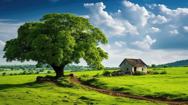 Lonely tree in the meadow with house