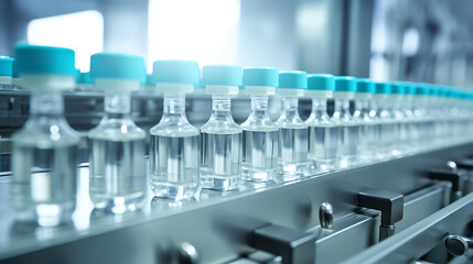 Fototapeta premium Medical vials on production line at pharmaceutical factory, Pharmaceutical machine working pharmaceutical glass bottles