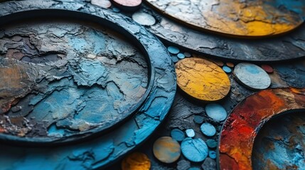  a close up of a plate on a table with paint splattered on it and a few circles of paint on the top of the plate.
