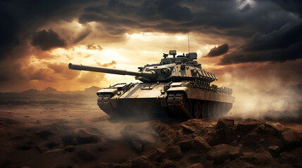 Military or army tank ready to attack moving over a deserted battle field terrain,