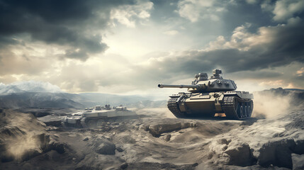 Military or army tank ready to attack moving over a deserted battle field terrain, - obrazy, fototapety, plakaty