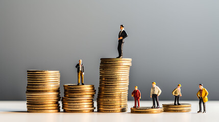 Miniature different career include technician , Chief , Engineer, and Manager standing on various height coins stacking with up arrow and percentage
