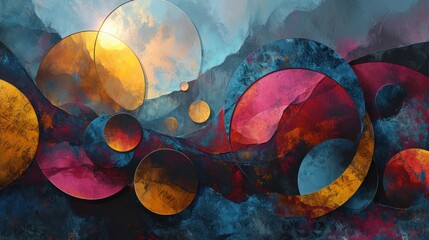  a painting of many circles and shapes on a blue and red background with a yellow center in the middle of the painting.