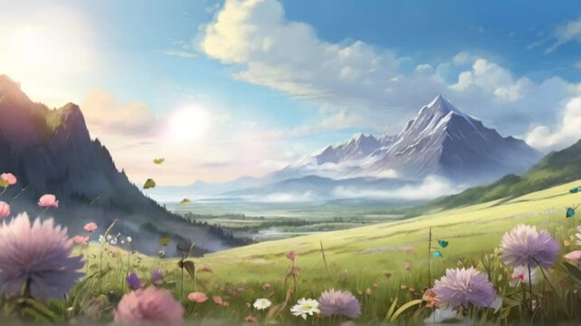 View of beautiful flowering meadows and towering mountains t. Smooth and repeatable animations