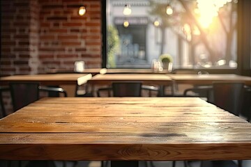 Rustic elegance. Wooden table in cozy cafe interior blurred background creating abstract bokeh effect ideal for showcasing restaurant design and vintage retro vibes