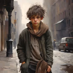 Fototapeten On the bustling streets, amidst the ebb and flow of hurried footsteps, there exists a young soul marked by the wear and tear of life's hardships. The beggar boy, with tousled hair and tatter © Sajid