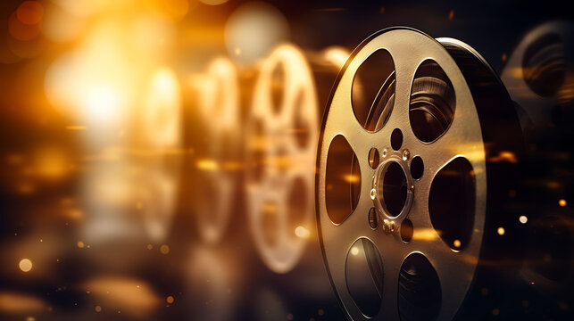 Old cinema film reels with bokeh background.