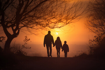Happy Family Silhouette. Embracing the Sunset