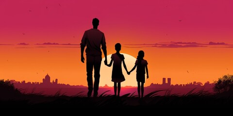 Sunset Walk. Silhouette of a Happy Family