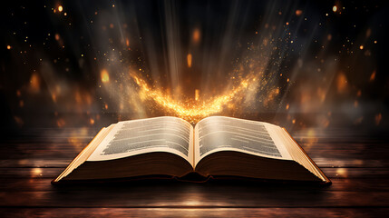 Open book Bible on wooden desk with mystic bright light fantasy light like holy spirit on black...