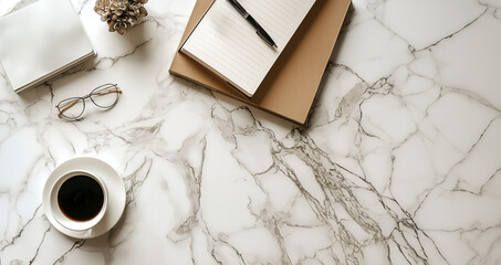 Top View of Gold Marble Desk with Notepad, Glasses, and Coffee with Copy Room, Knolling Photography