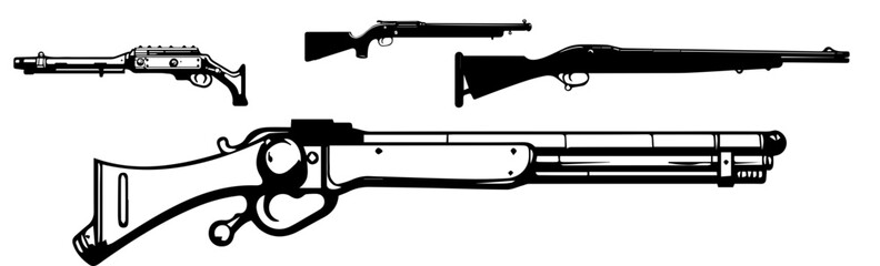 black and white sketch of gun and bullets - obrazy, fototapety, plakaty