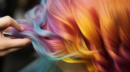 Close-up of the multicolored hair of a woman in a beauty salon. Small business in the service sector, work, hobbies, profession, beauty and care concepts. - obrazy, fototapety, plakaty