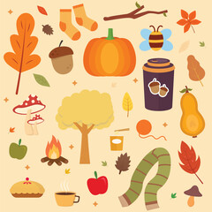 Vector flat autumn elements collection, Dried leaves, twig, tree, walnuts, pear, apples, pumpkin, hot drink, pie, mushrooms, campfire, Pine Cones, Cup Noodle, and Shawls.