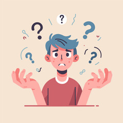 Flat vector cartoon illustration of unhappy, surprised, shocked, puzzled, making difficult choice young man spreading his arms. Concept of confusion, uncertainty, deadline, I don't know, insecurity.