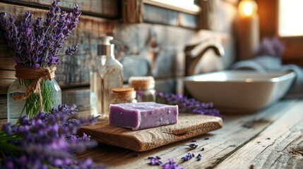 Obraz na płótnie Canvas a bar of soap sitting on top of a wooden table next to a bowl of lavenders and a bottle of lavender oil.