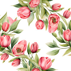 Generative Ai content, watercolor painting of red tulips and green leaves on a white background