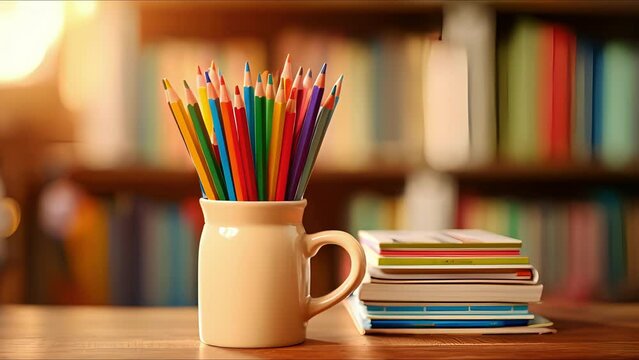 Closeup of a stack of books and a mug filled with pencils and pens on a desk in a tiny house study.