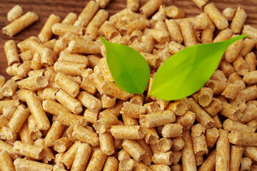 Heap of wooden pellets biofuel on wooden table