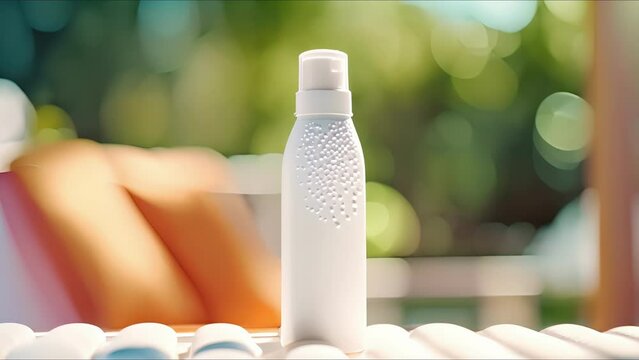 Closeup of a white sunscreen bottle with droplets of lotion on the nozzle.