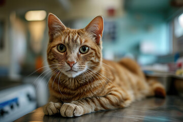 Vet clinic, close-up of a ginger cat lying on the table for a medical examination