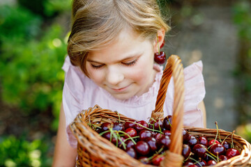 Beautiful girl in the garden. Happy girl with cherries. Preschol child with basket full of ripe...