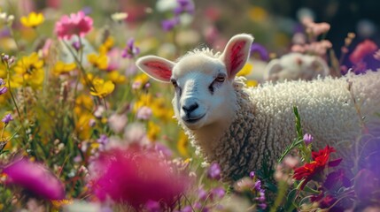  a close up of a sheep in a field of flowers with a blurry background of pink, yellow, and purple flowers.