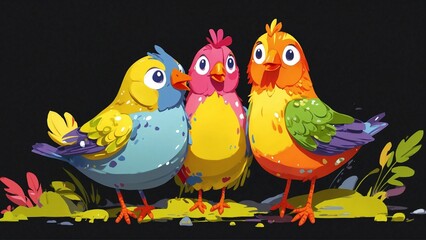 Fototapeta premium Charming Trio of Colorful Cartoon Birds. Playful, Animated Style. Friendship and Joy Concept. Great for Children's Content, Educational Materials, and Lively Decorations