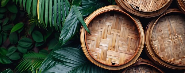 Wooden steamer over tropical background. Traditional Asian food concept. Wide banner with copy space for text.  - obrazy, fototapety, plakaty