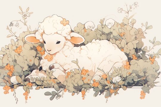  a painting of a sheep laying down in a field of wildflowers with a background of leaves and flowers.