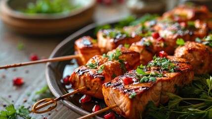 a plate of meat skewers covered in sauce and garnished with parsley and pomegranate.