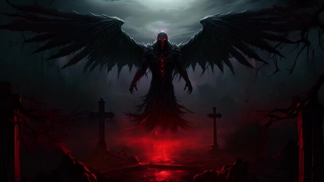 An ominous winged creature with glowing red eyes staring into an empty fogfilled graveyard.