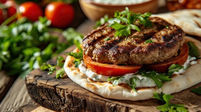  a hamburger with tomatoes, lettuce, and cheese on a wooden cutting board next to pita bread.
