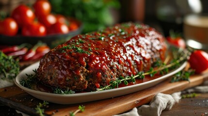  a meatloaf covered in marinara sauce and garnished with fresh herbs on a wooden cutting board.