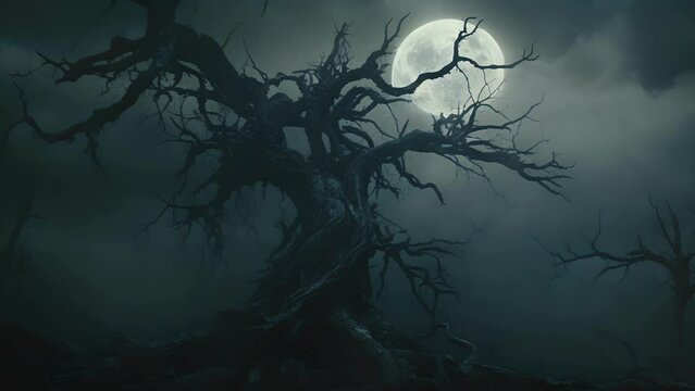 A shriveled tree stands shrouded in darkness its branches reaching out like skeletal hands against a cloudy full moon.
