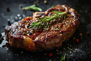 Freshly grilled medium rib eye steak with rosemary and pepper
