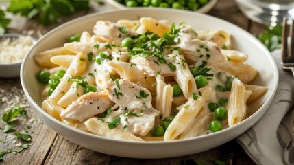 Fototapeta na wymiar a bowl of pasta with chicken, peas, and parsley on a wooden table with a fork and spoon.