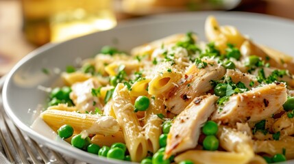 a plate of pasta with peas, chicken and parmesan sprinkles with a fork on the side. - obrazy, fototapety, plakaty