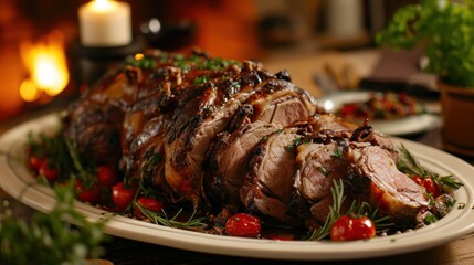  a white plate topped with meat covered in sauce and garnished with herbs and garnished with tomatoes.